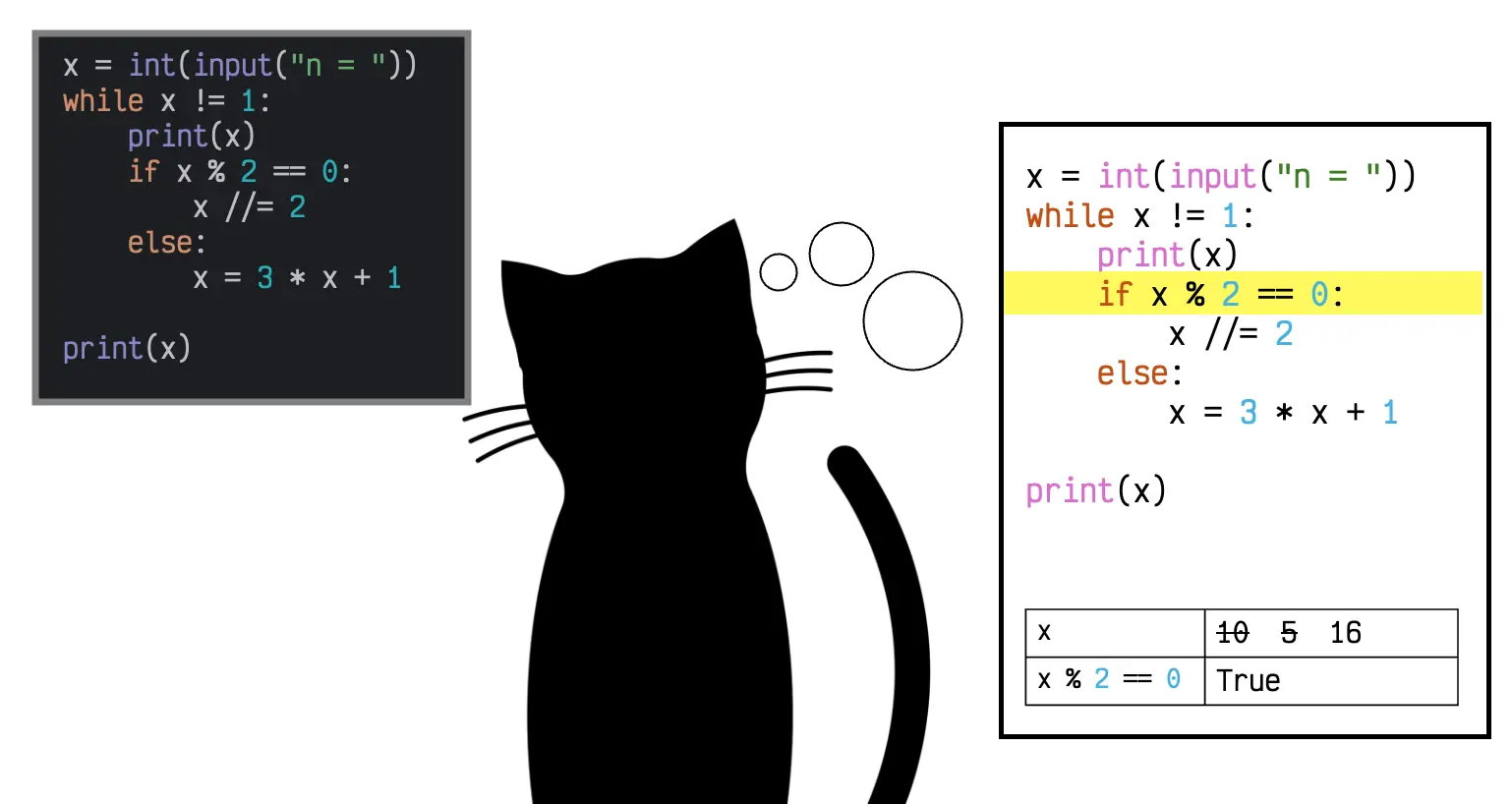 Cat looking at Collatz conjecture code while simulating it